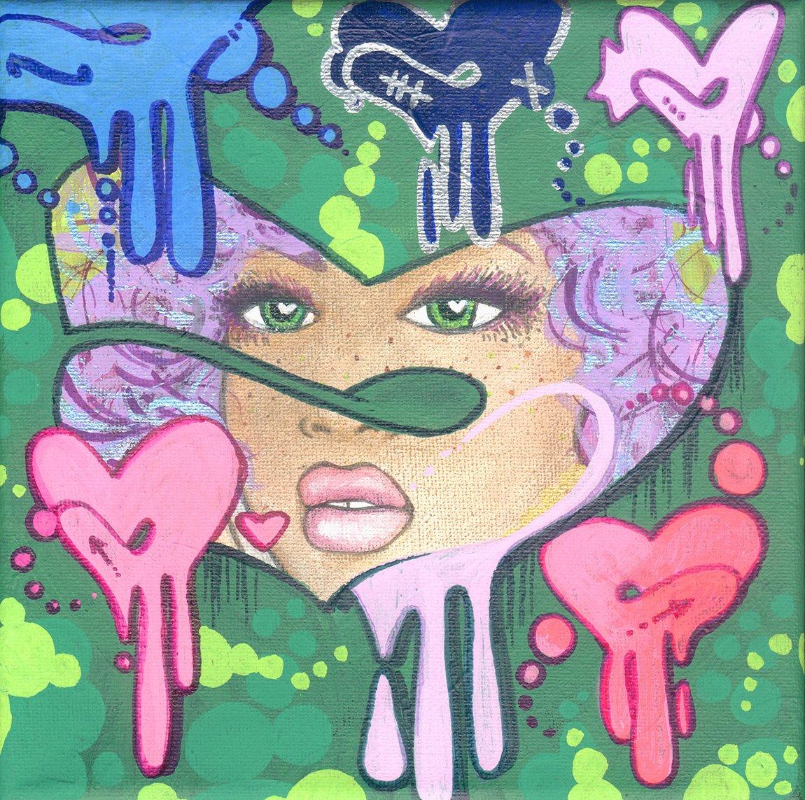 pretty girl's face within a heart shape with drips. Placed on a green background surrounded by dripping hearts in blues and pinks, painted in a graffiti style